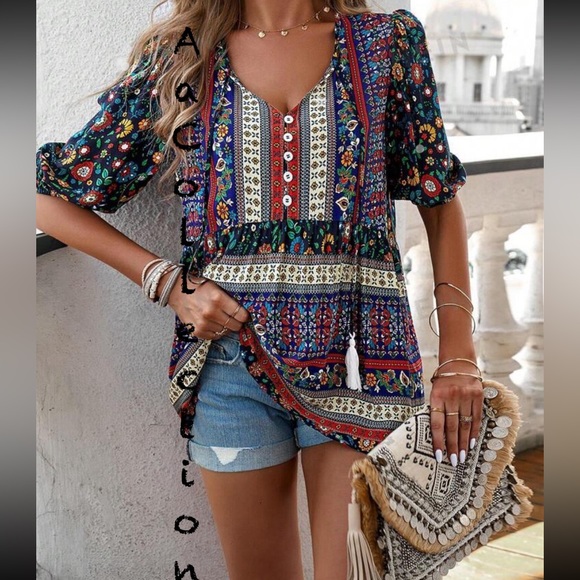 Boho Floral Print Top Blouse Shirt - Picture 3 of 4